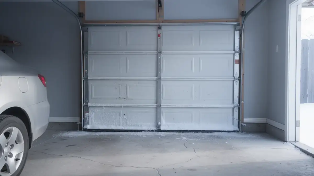 The white garage door is closed with snow and ice at the bottom.