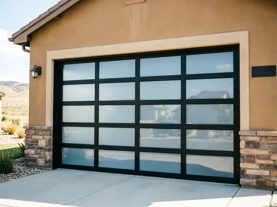 A modern black garage door with frosted glass panels on a stucco house.
