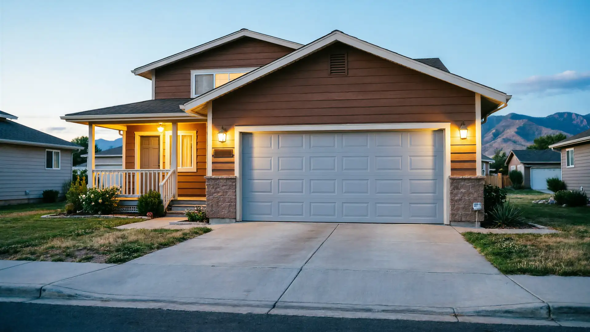 The house has brown siding, a light gray garage door, and a lit porch.
