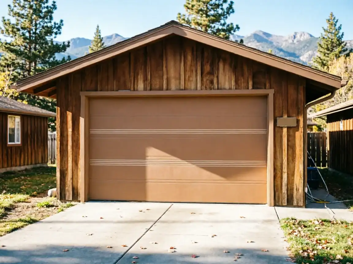 A brown garage door is on a wooden garage with mountains in the background.