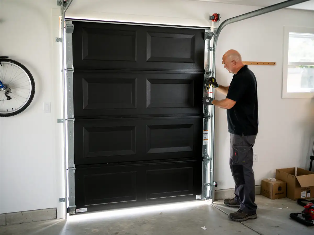 A technician adjusts a black garage door with a bright gap at the bottom.