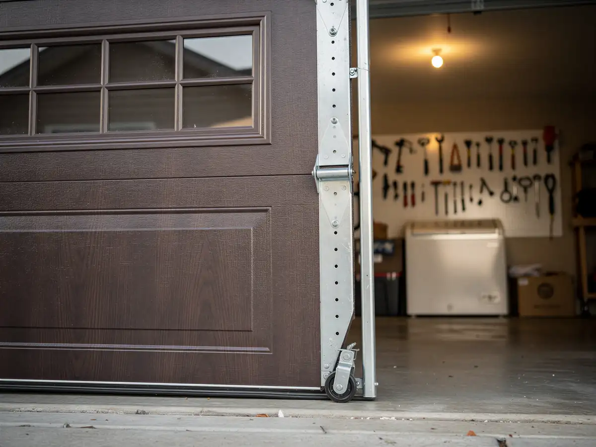 A brown garage door with windows is slightly open, showing the garage interior.