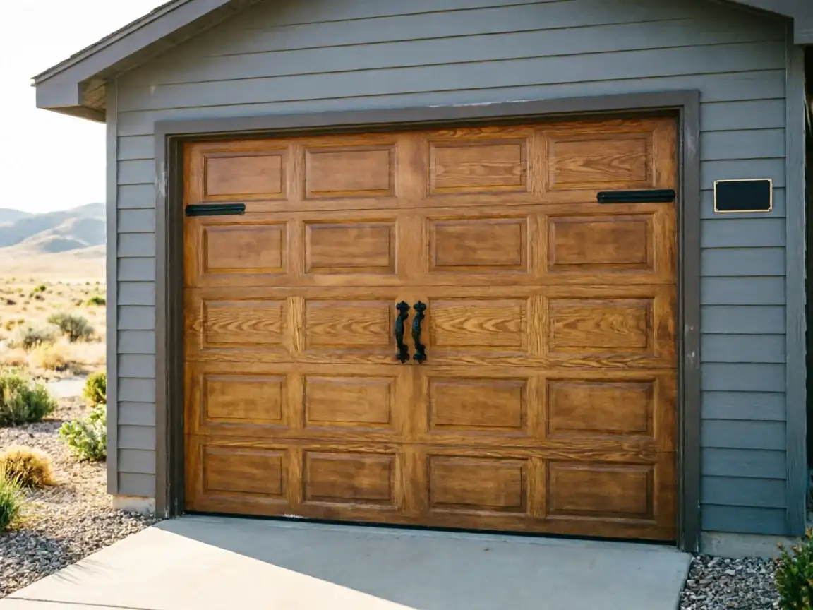 A wooden garage door with decorative black hardware on a gray house.